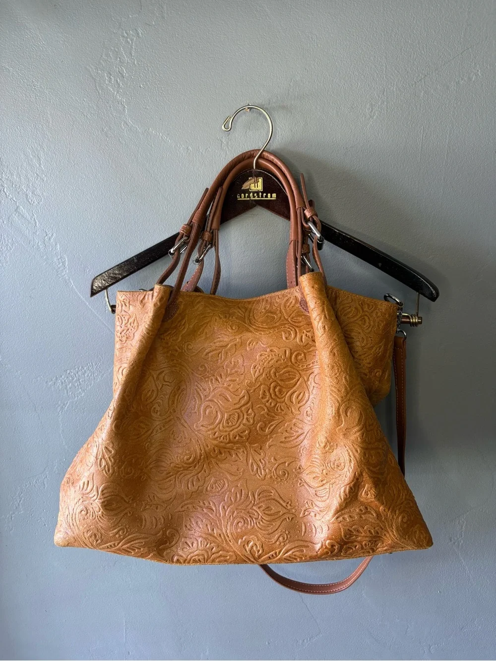 Isadora of Florence Large Tooled Italian Leather Tote Bag
